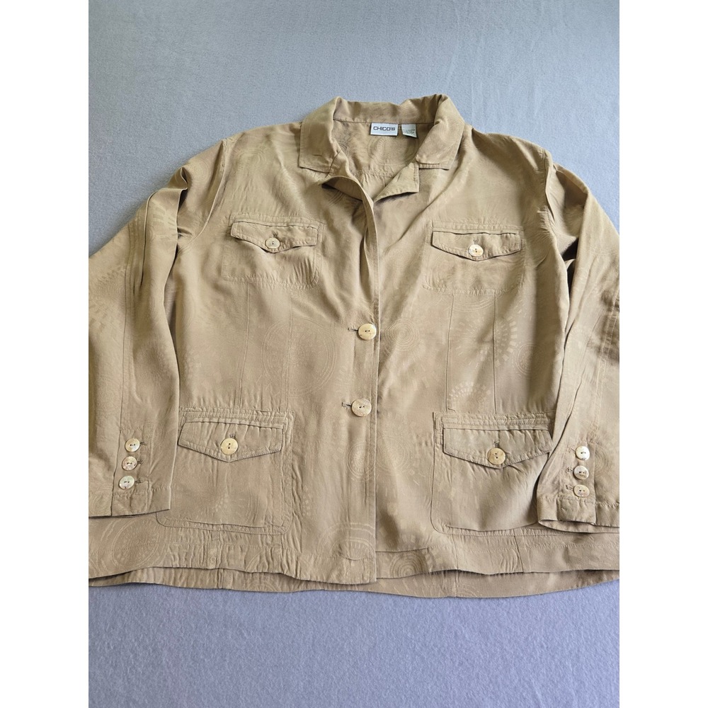 Chico's Utility Jacket Womens‎ 3 XL Tan Silk Soybean Blend Jacquard Button Front
